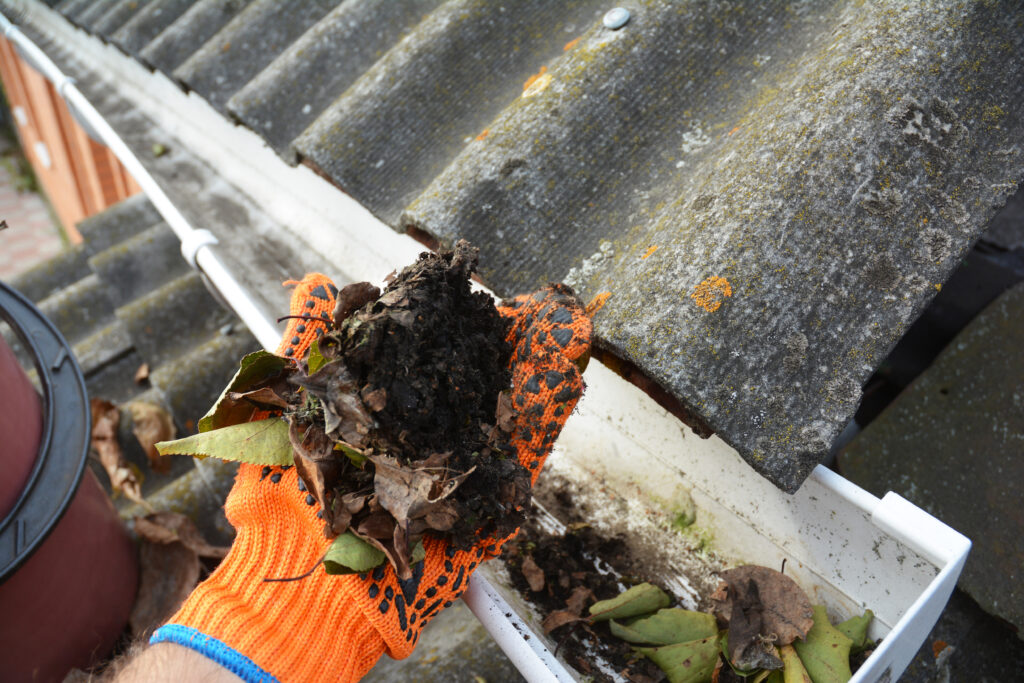 Gutter cleaning with hand from leaves.